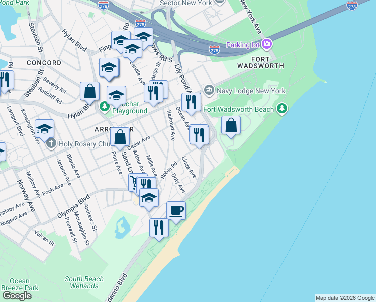 map of restaurants, bars, coffee shops, grocery stores, and more near 63 Windom Avenue in Staten Island