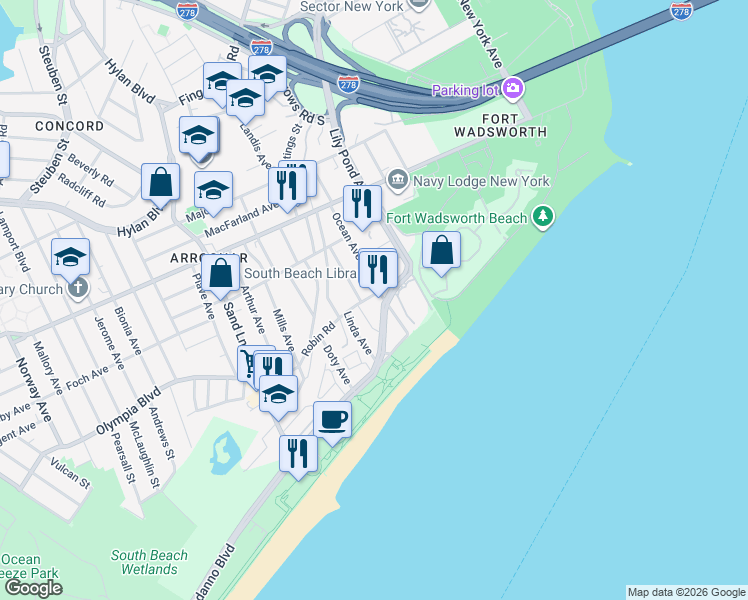 map of restaurants, bars, coffee shops, grocery stores, and more near 63 Windom Avenue in Staten Island