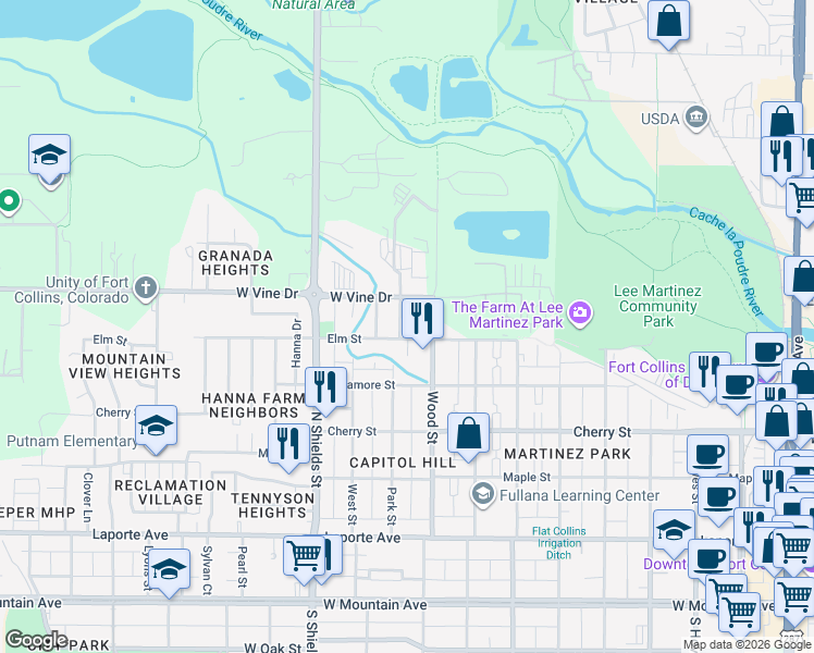 map of restaurants, bars, coffee shops, grocery stores, and more near 623 Wood Street in Fort Collins
