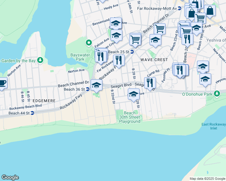 map of restaurants, bars, coffee shops, grocery stores, and more near 210 Beach 32nd Street in Queens