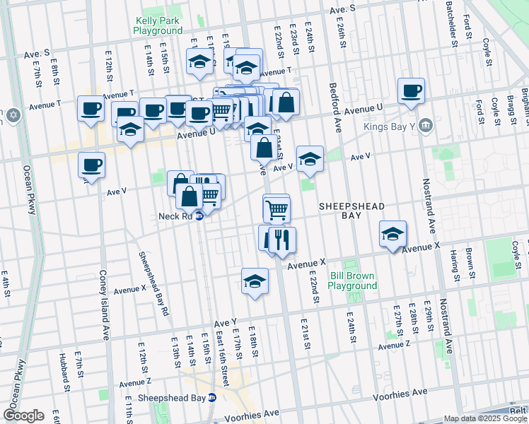 map of restaurants, bars, coffee shops, grocery stores, and more near 2245 East 19th Street in Brooklyn