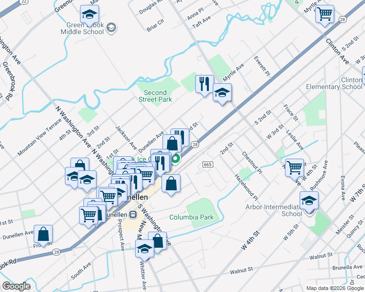 map of restaurants, bars, coffee shops, grocery stores, and more near 1851 Bradford Street in Plainfield