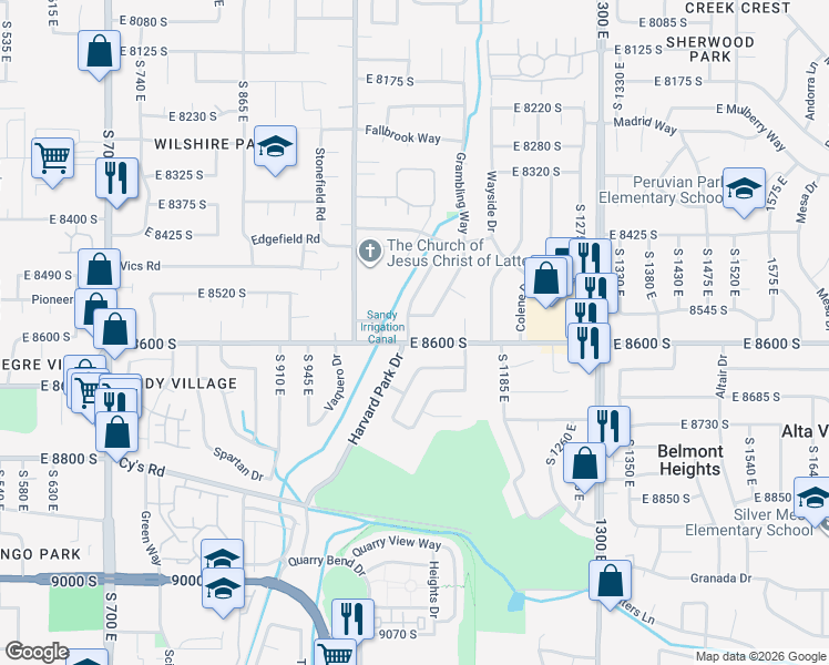 map of restaurants, bars, coffee shops, grocery stores, and more near 8583 Harvard Park Drive in Sandy