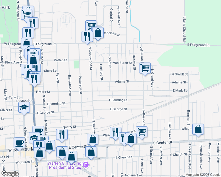 map of restaurants, bars, coffee shops, grocery stores, and more near 519 Adams Street in Marion