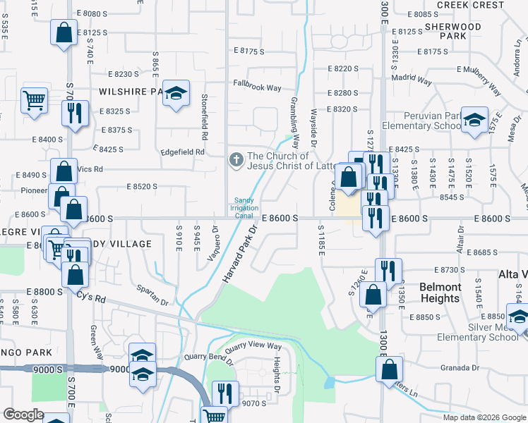 map of restaurants, bars, coffee shops, grocery stores, and more near 8583 Harvard Park Drive in Sandy