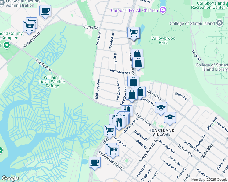 map of restaurants, bars, coffee shops, grocery stores, and more near 105 Rockville Avenue in Staten Island