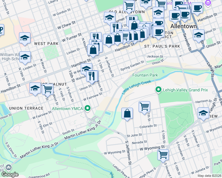 map of restaurants, bars, coffee shops, grocery stores, and more near 277 South 13th Street in Allentown