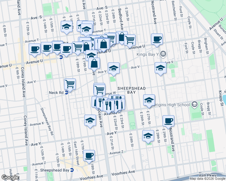 map of restaurants, bars, coffee shops, grocery stores, and more near 2261 East 22nd Street in Brooklyn
