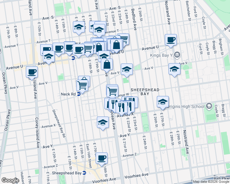 map of restaurants, bars, coffee shops, grocery stores, and more near 2314 East 21st Street in Brooklyn