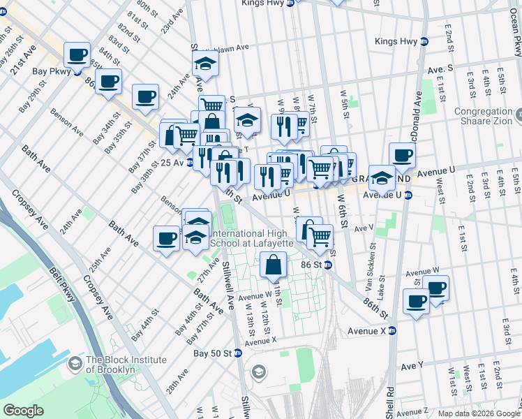 map of restaurants, bars, coffee shops, grocery stores, and more near 39 Avenue U in Brooklyn