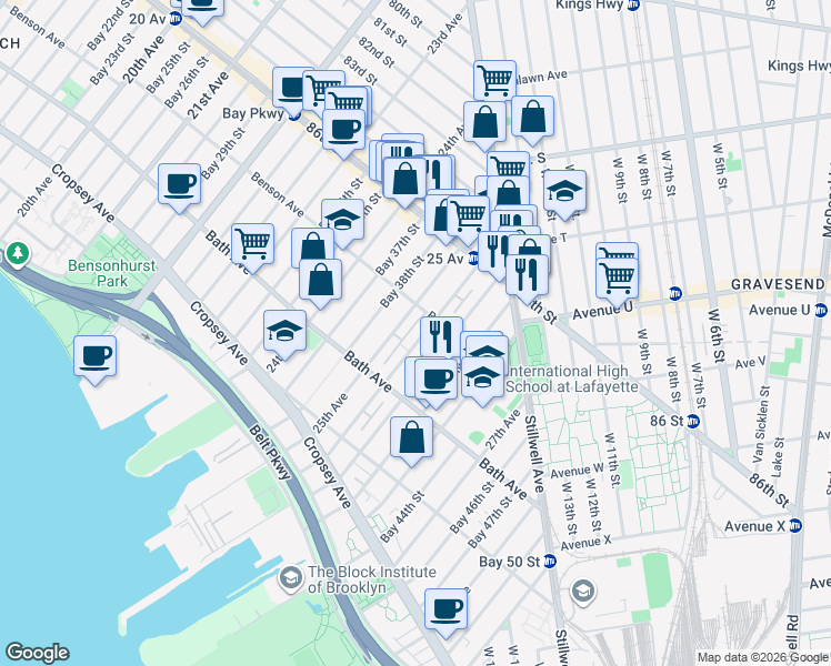 map of restaurants, bars, coffee shops, grocery stores, and more near 8689 25th Avenue in Brooklyn