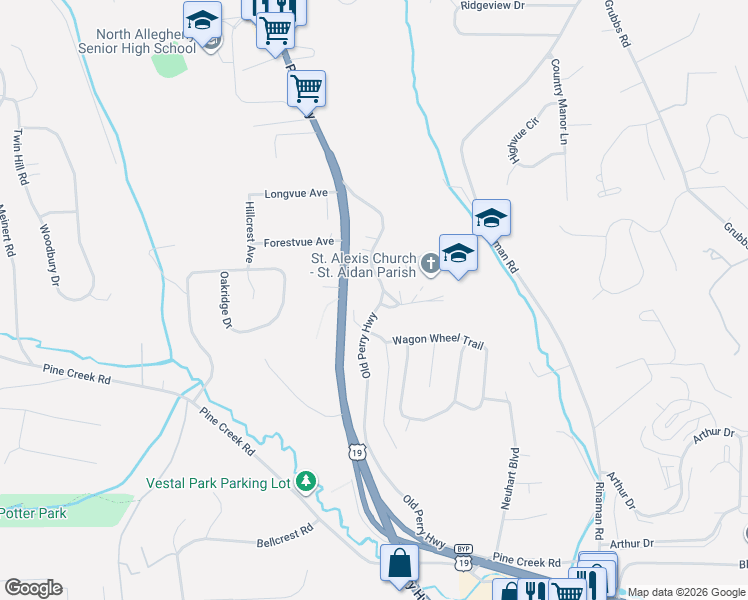map of restaurants, bars, coffee shops, grocery stores, and more near 10099 Old Perry Highway in Wexford