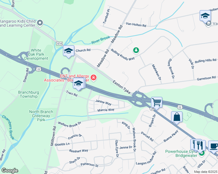 map of restaurants, bars, coffee shops, grocery stores, and more near 270 New Jersey 28 in Bridgewater Township