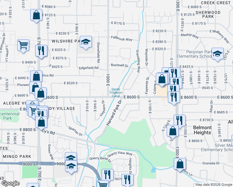 map of restaurants, bars, coffee shops, grocery stores, and more near 8548 Harvard Park Drive in Sandy