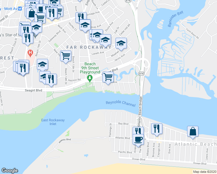 map of restaurants, bars, coffee shops, grocery stores, and more near 1 Seagirt Avenue in Queens