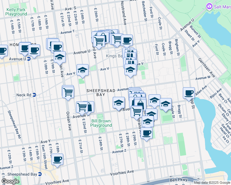 map of restaurants, bars, coffee shops, grocery stores, and more near 2280 East 27th Street in Brooklyn