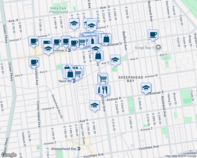 map of restaurants, bars, coffee shops, grocery stores, and more near 2245 East 19th Street in Brooklyn