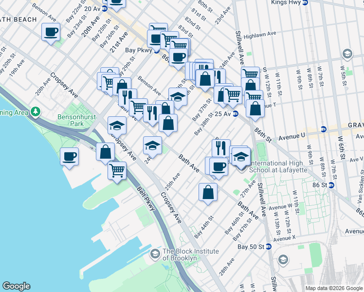 map of restaurants, bars, coffee shops, grocery stores, and more near 152 Bay 37th Street in Brooklyn
