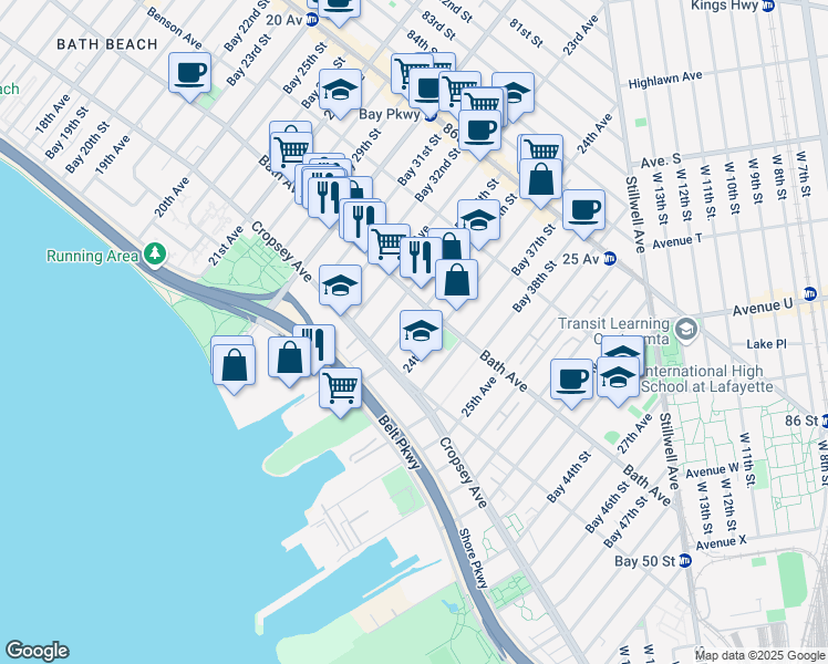 map of restaurants, bars, coffee shops, grocery stores, and more near 201 Bay 34th Street in Brooklyn