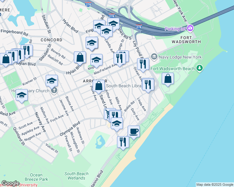 map of restaurants, bars, coffee shops, grocery stores, and more near 8 Austin Avenue in Staten Island