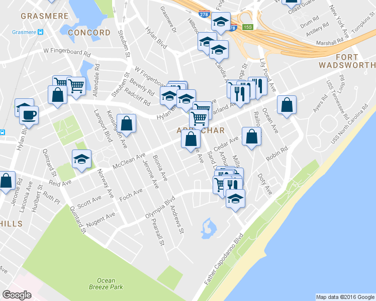 map of restaurants, bars, coffee shops, grocery stores, and more near 338 McClean Avenue in Staten Island