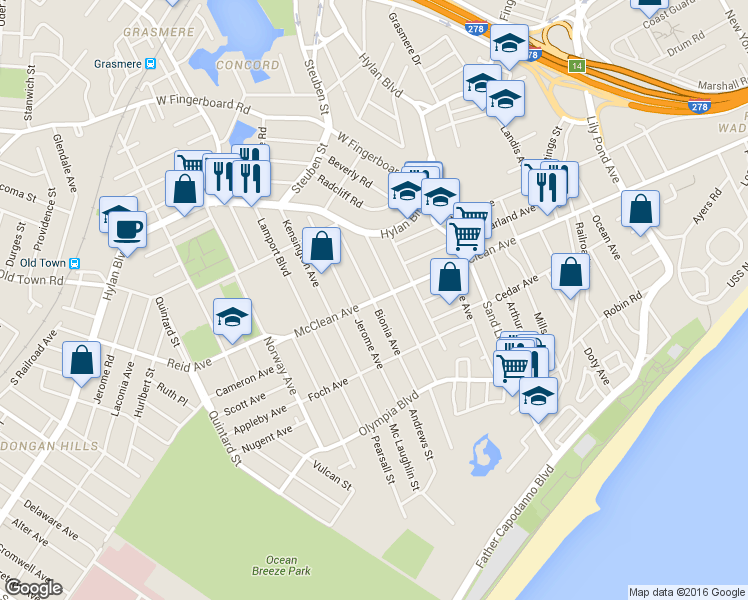 map of restaurants, bars, coffee shops, grocery stores, and more near 77 Bionia Avenue in Staten Island