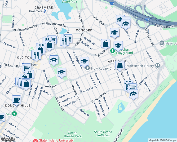 map of restaurants, bars, coffee shops, grocery stores, and more near 100 Jerome Avenue in Staten Island