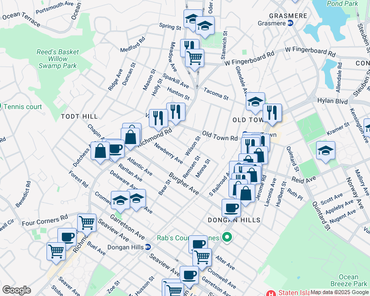 map of restaurants, bars, coffee shops, grocery stores, and more near 14 Divine Street in Staten Island