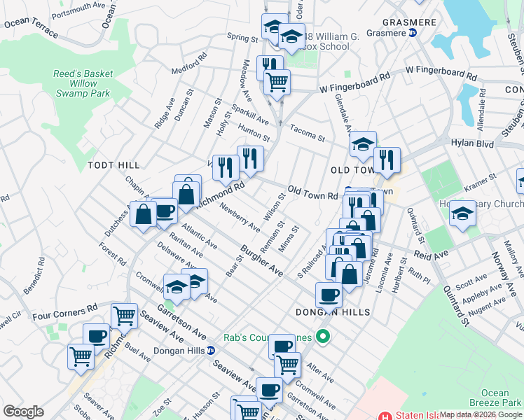 map of restaurants, bars, coffee shops, grocery stores, and more near 14 Divine Street in Staten Island