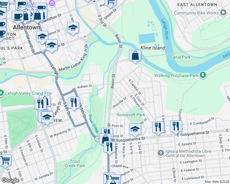 map of restaurants, bars, coffee shops, grocery stores, and more near 617 Genesee Street in Allentown