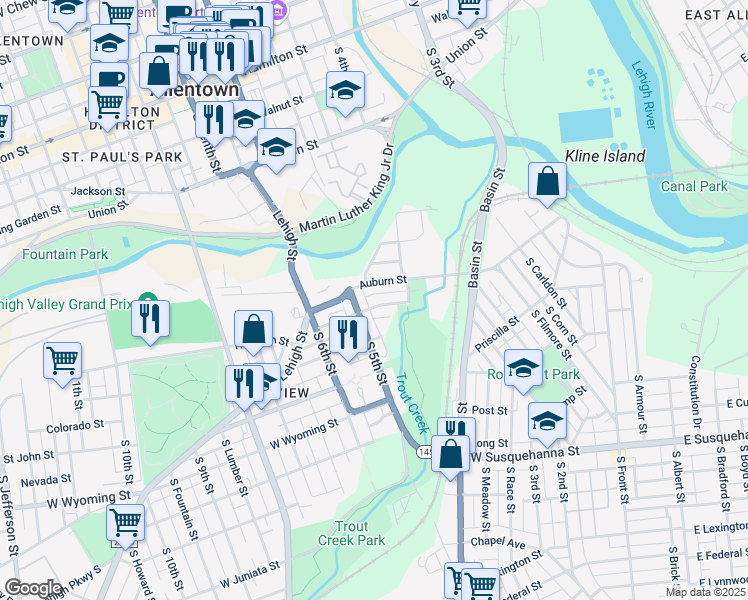 map of restaurants, bars, coffee shops, grocery stores, and more near in Allentown