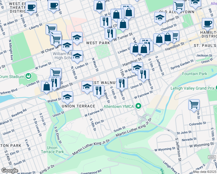 map of restaurants, bars, coffee shops, grocery stores, and more near 43 South 16th Street in Allentown