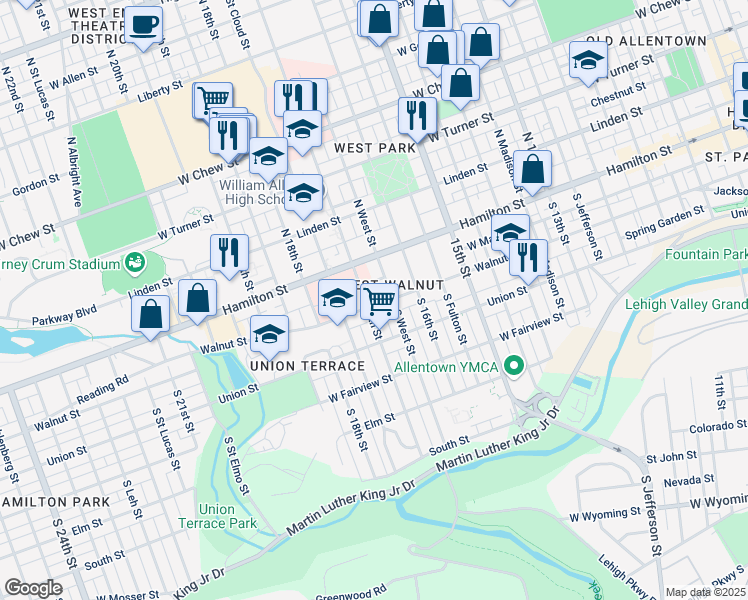 map of restaurants, bars, coffee shops, grocery stores, and more near 26 South 17th Street in Allentown