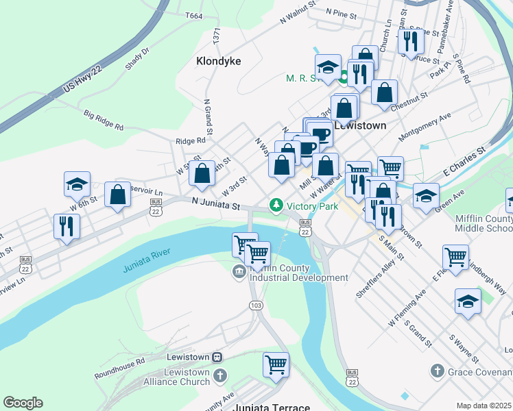 map of restaurants, bars, coffee shops, grocery stores, and more near 216 West 3rd Street in Lewistown