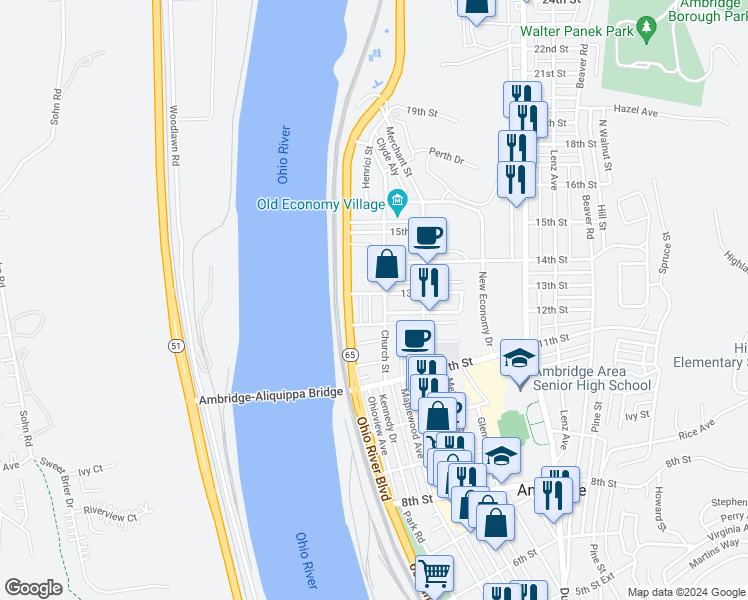 map of restaurants, bars, coffee shops, grocery stores, and more near in Ambridge
