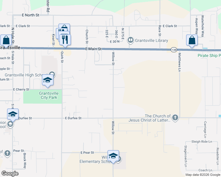 map of restaurants, bars, coffee shops, grocery stores, and more near 131 Willow Street in Grantsville