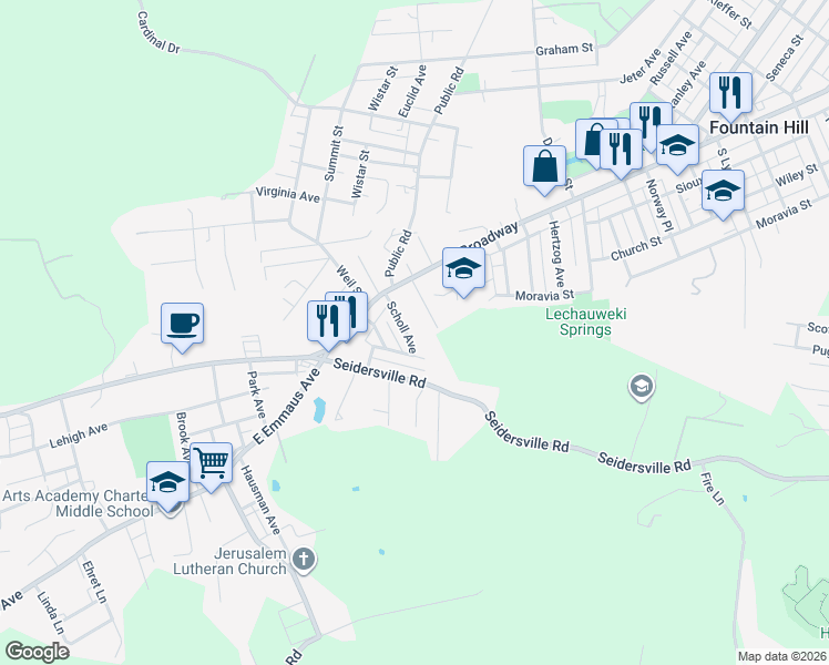 map of restaurants, bars, coffee shops, grocery stores, and more near 616 Ash Street in Bethlehem