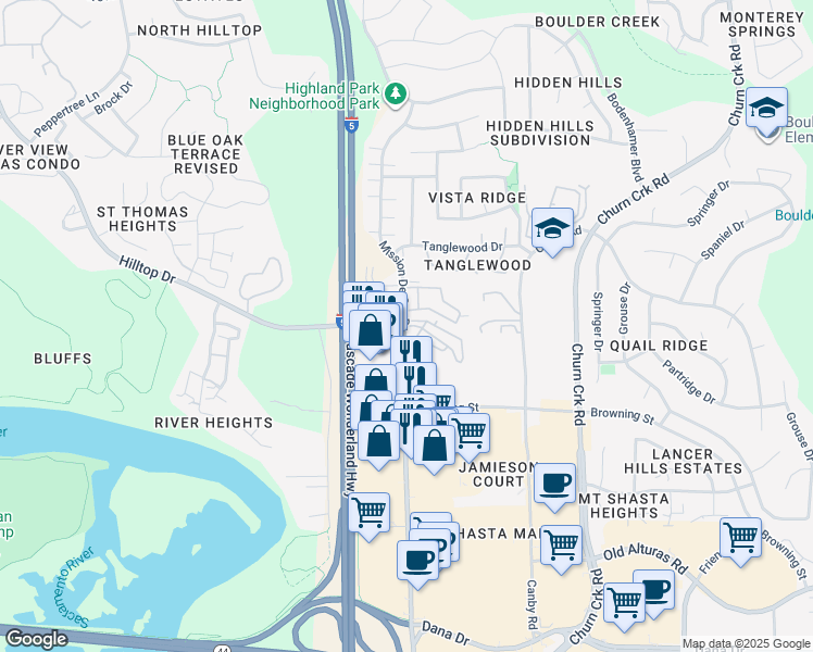 map of restaurants, bars, coffee shops, grocery stores, and more near Mission De Oro Drive & Mission Sierra Court in Redding