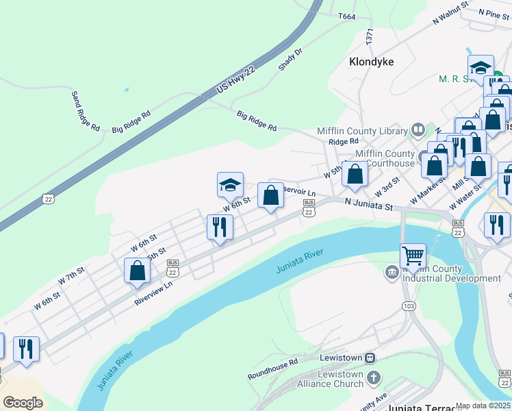 map of restaurants, bars, coffee shops, grocery stores, and more near 417 West 5th Street in Lewistown