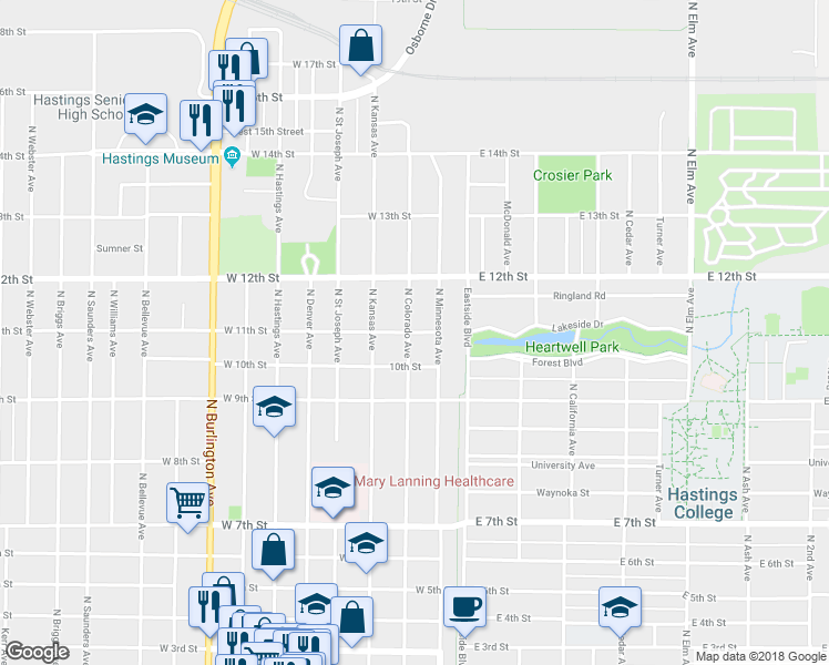 map of restaurants, bars, coffee shops, grocery stores, and more near 299 11th Street in Hastings