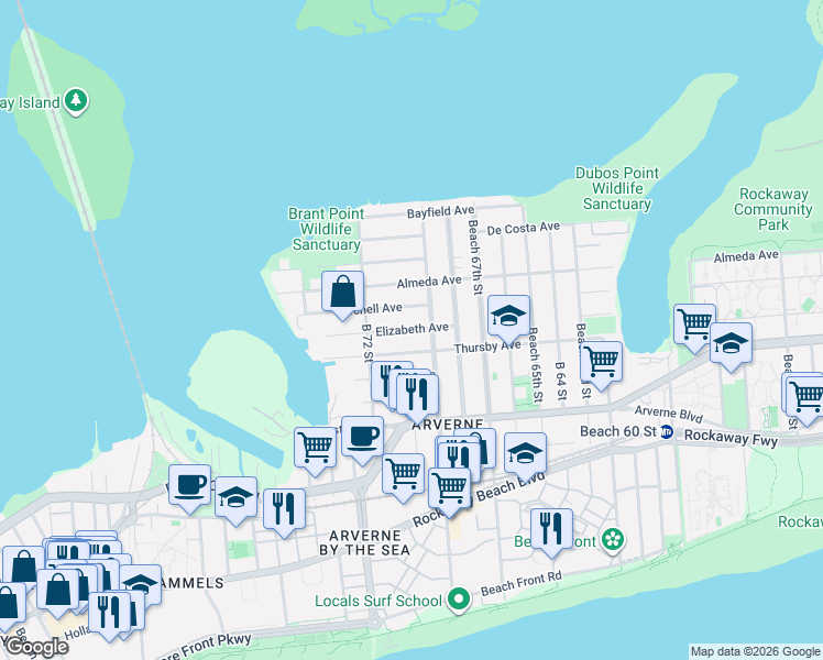 map of restaurants, bars, coffee shops, grocery stores, and more near 542 Beach 69th Street in Queens