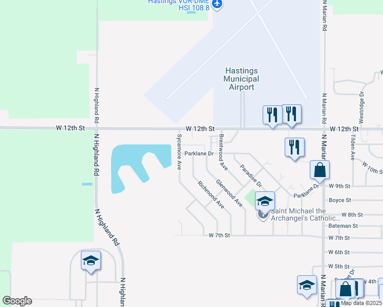 map of restaurants, bars, coffee shops, grocery stores, and more near 3610 Parklane Dr in Hastings