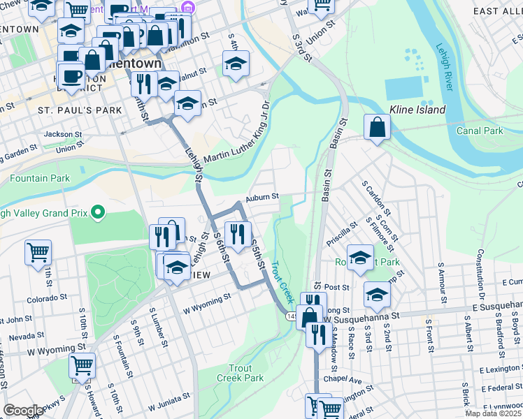 map of restaurants, bars, coffee shops, grocery stores, and more near in Allentown