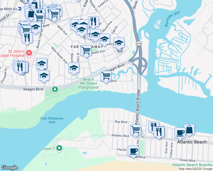 map of restaurants, bars, coffee shops, grocery stores, and more near 7-11 Seagirt Avenue in Queens