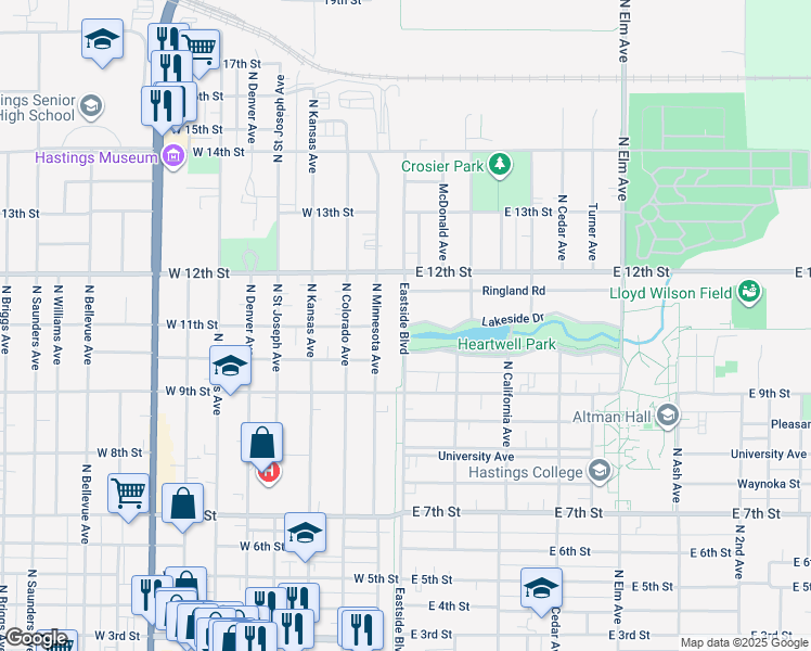 map of restaurants, bars, coffee shops, grocery stores, and more near 1100 Eastside Boulevard in Hastings