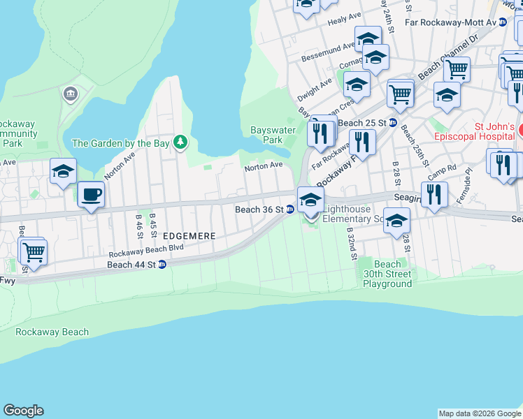 map of restaurants, bars, coffee shops, grocery stores, and more near 3-25 Beach 37th Street in Queens