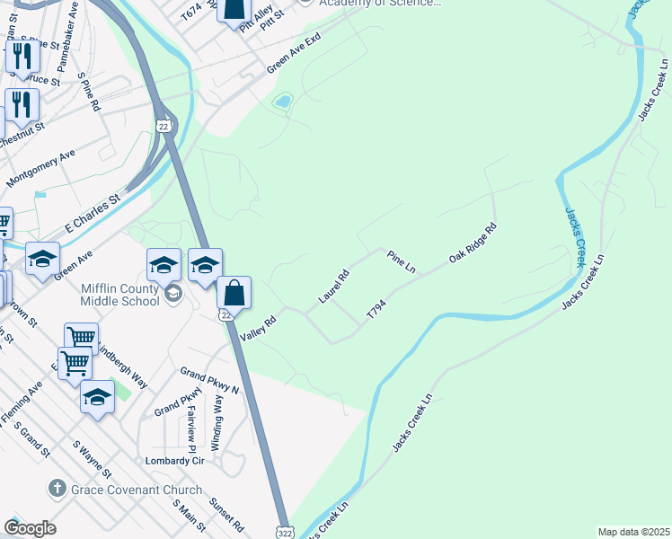 map of restaurants, bars, coffee shops, grocery stores, and more near 109 Laurel Road in Lewistown