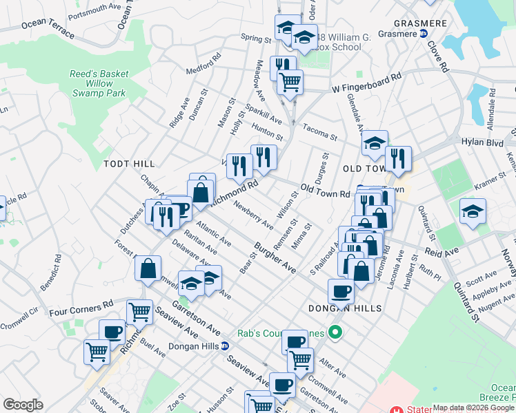 map of restaurants, bars, coffee shops, grocery stores, and more near 12 Whitaker Place in Staten Island