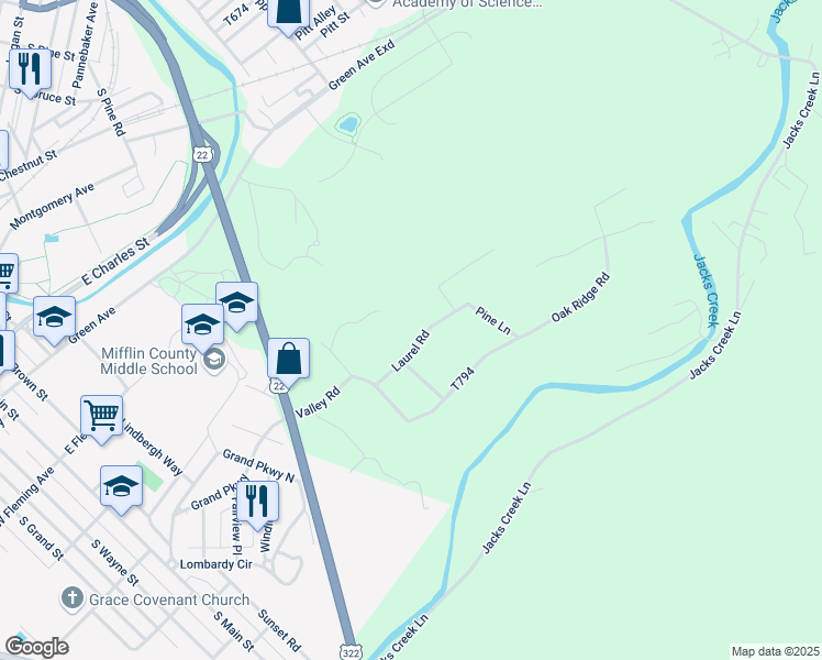 map of restaurants, bars, coffee shops, grocery stores, and more near 109 Laurel Road in Lewistown