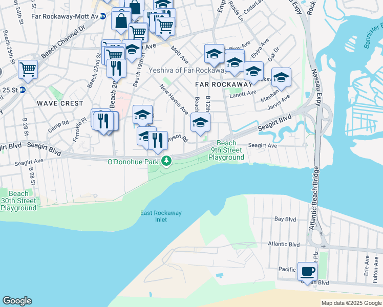 map of restaurants, bars, coffee shops, grocery stores, and more near 13-41 Seagirt Boulevard in Queens